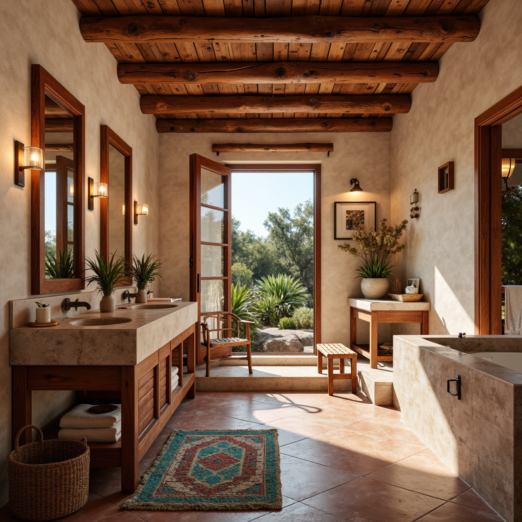 Prompt: Southwestern bathroom, earthy tones, terracotta floors, stucco walls, wooden beams, rustic cabinets, copper fixtures, woven textiles, vibrant turquoise accents, desert flora patterns, natural stone countertops, warm LED lighting, shallow depth of field, 1/2 composition, panoramic view, realistic textures, ambient occlusion.