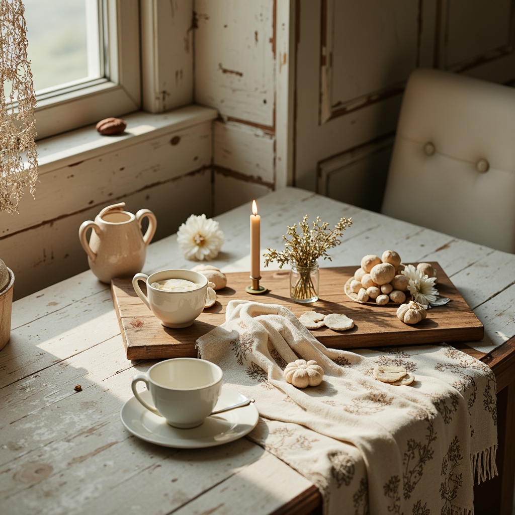 Prompt: Distressed vintage furniture, soft pastel hues, warm beige tones, faded floral patterns, lace trimmings, rustic wood textures, delicate porcelain accents, subtle sparkle, muted gold details, dreamy ethereal lighting, gentle shadows, 1/1 composition, intimate close-up shots, romantic atmosphere, whimsical arrangements, feminine touches.