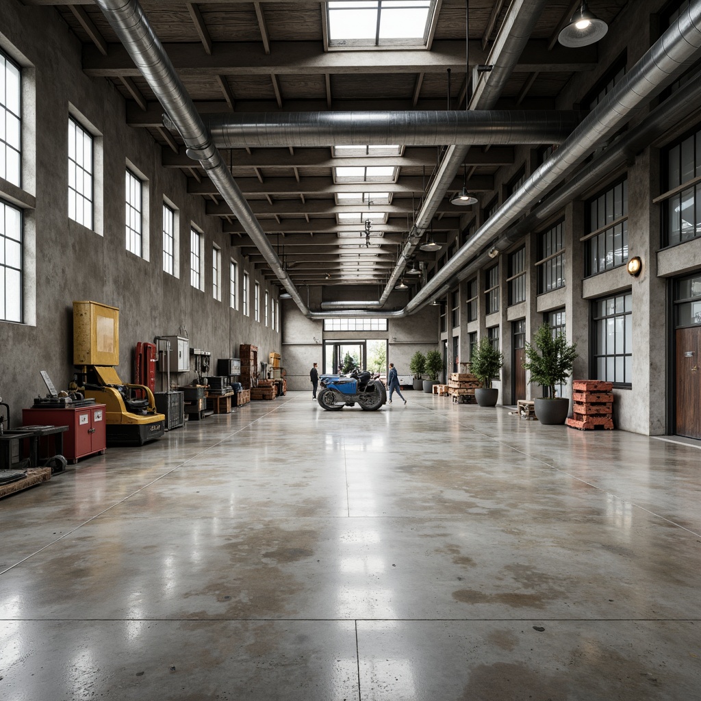 Prompt: Industrial warehouse, polished concrete floors, epoxy coatings, anti-slip textures, high-traffic durability, resistance to chemicals, heavy machinery, steel beams, exposed ductwork, functional lighting, minimalist aesthetic, urban industrial vibe, raw materials, distressed finishes, metallic accents, modern industrial design, open floor plan, flexible workspaces, collaborative atmosphere.