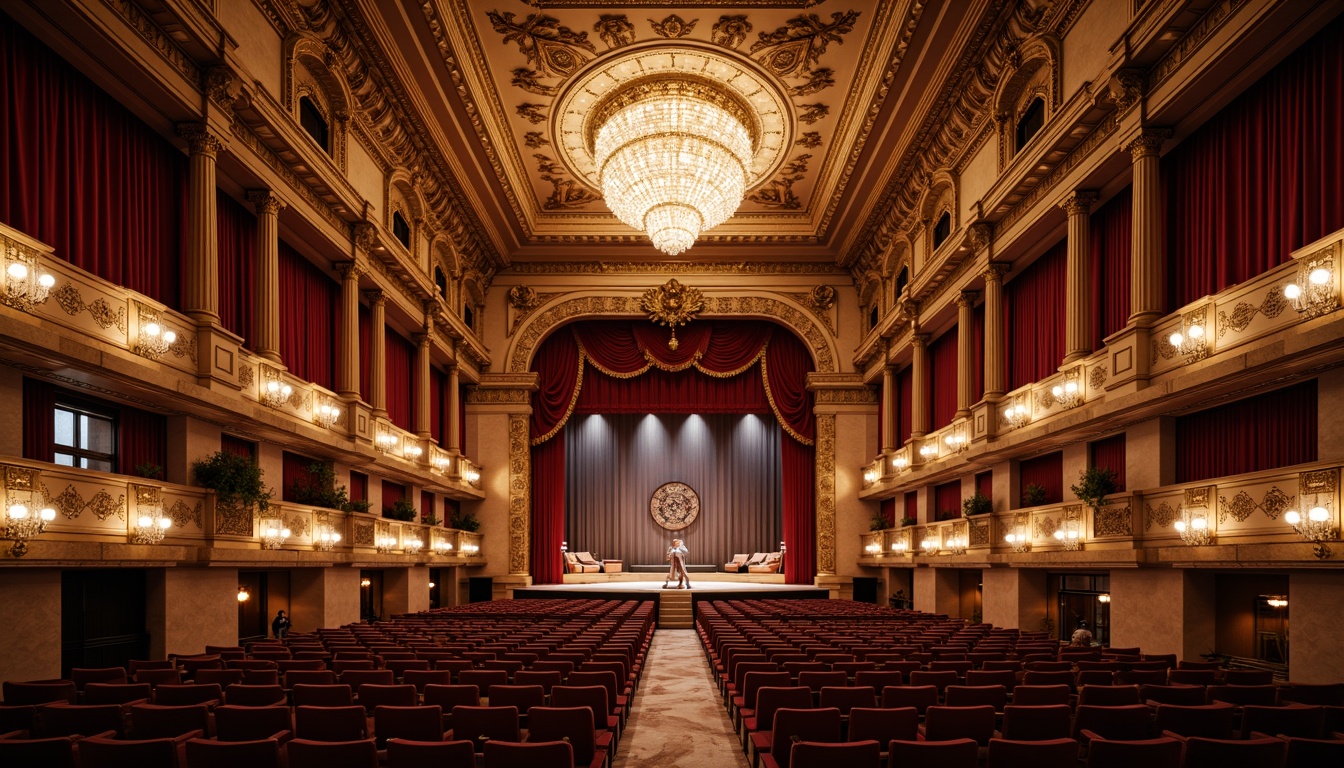 Prompt: Grand opera house, ornate chandeliers, crimson red velvet curtains, gilded balconies, intricate moldings, marble floors, majestic high ceilings, soft warm spotlighting, dramatic shadows, golden lighting accents, crystal pendant lights, luxurious fabric draping, elegant staircases, refined wood tones, subtle ambient glow, 1/1 composition, low-key backlighting, realistic reflections.