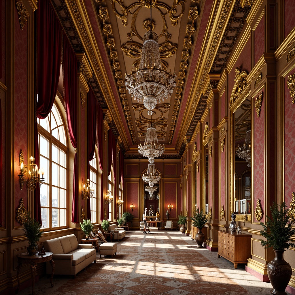 Prompt: Ornate palace interior, gilded furnishings, intricately carved wooden panels, luxurious velvet drapes, crystal chandeliers, ornamental mirrors, golden accents, curved lines, regal atmosphere, richly textured fabrics, lavish decorations, antique vases, exquisite sculptures, grandiose scale, dramatic lighting, warm color palette, 1/2 composition, low-angle shot, realistic reflections, detailed normal maps.