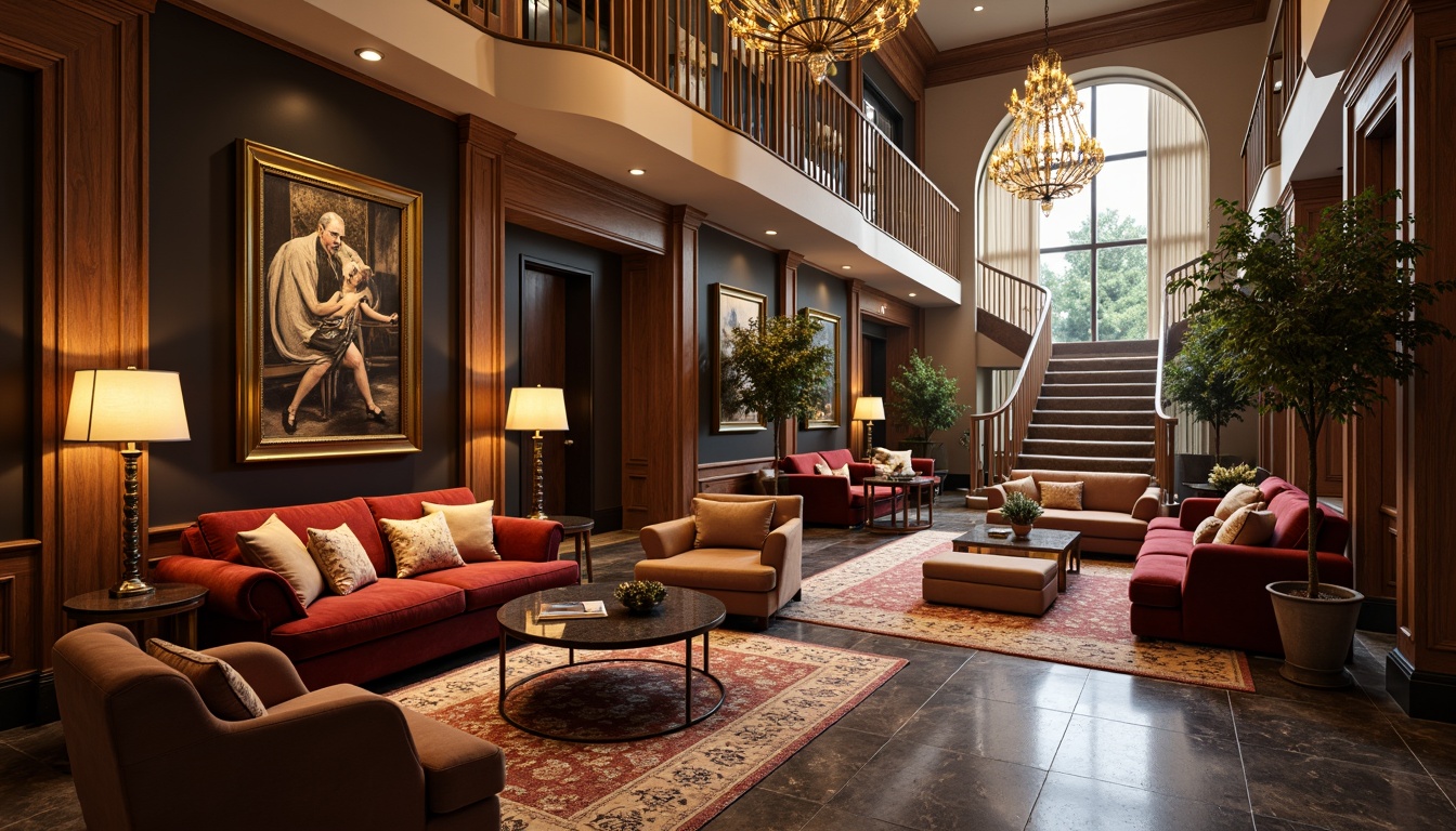 Prompt: Luxurious hotel lobby, rich velvet upholstery, soft leather sofas, patterned rugs, gold accents, crystal chandeliers, grand staircase, elegant drapery, natural stone flooring, warm ambient lighting, 1/1 composition, shallow depth of field, realistic textures, ambient occlusion.