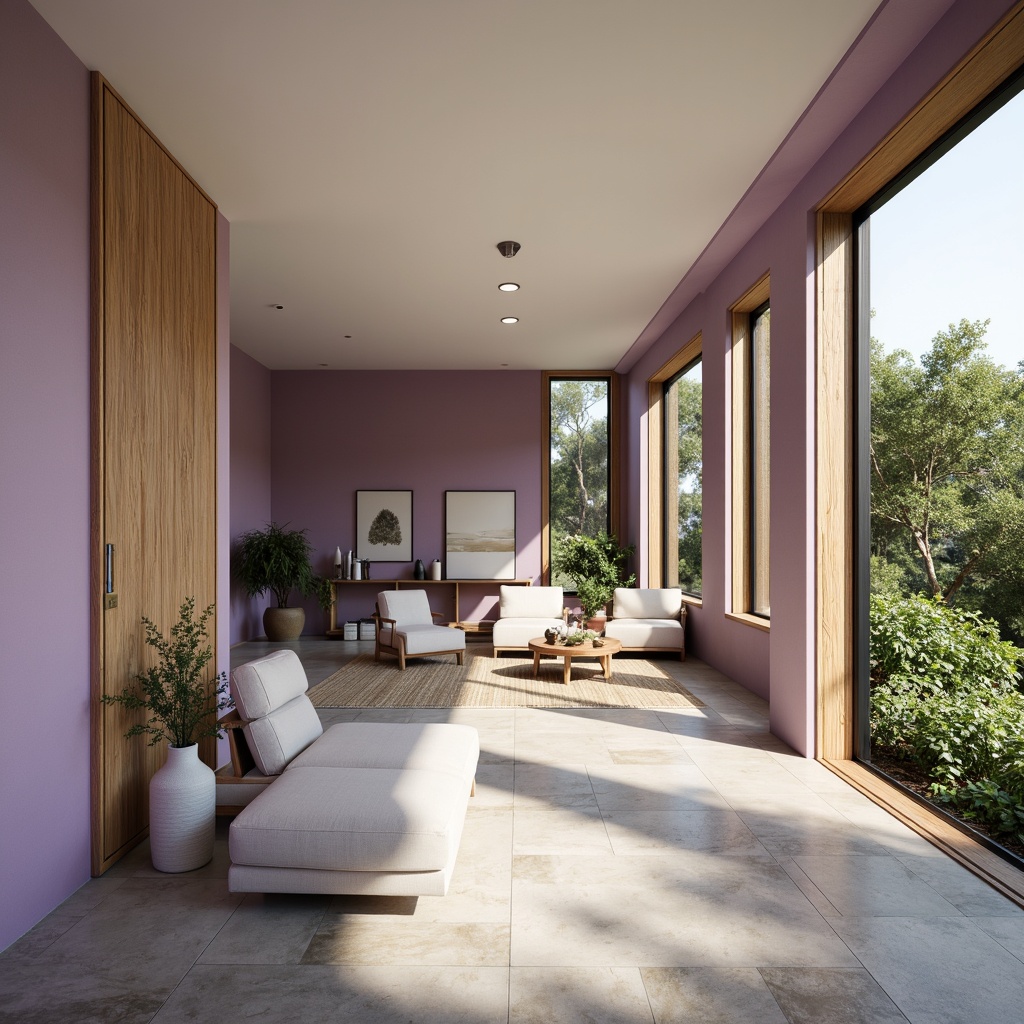 Prompt: Soft lavender walls, creamy white ceilings, rich wood accents, elegant wisteria-inspired purple hues, natural stone floors, sleek metallic fixtures, modern minimalist furniture, abundant greenery, floor-to-ceiling windows, warm sunny lighting, 1/2 composition, shallow depth of field, realistic textures, ambient occlusion.