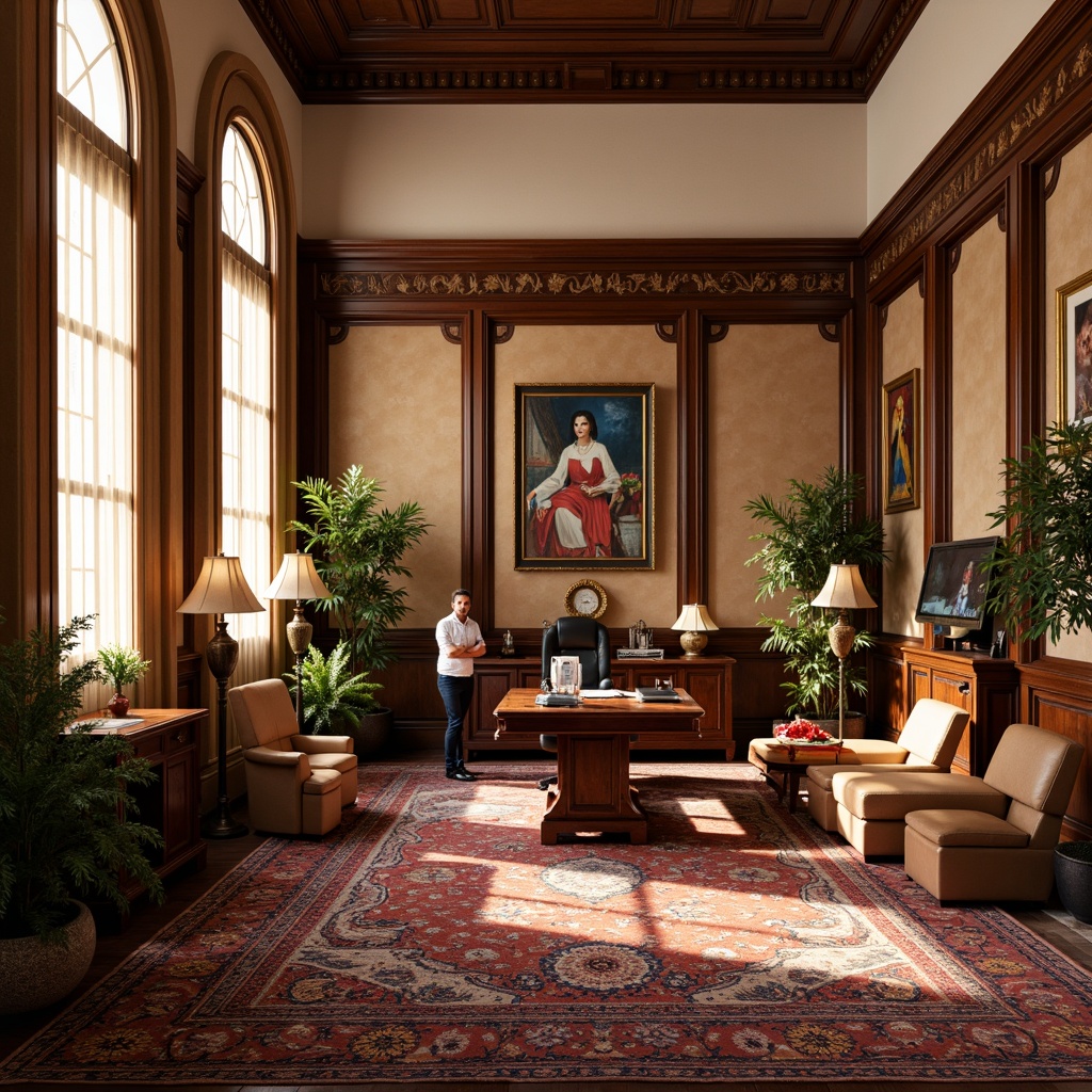 Prompt: Elegant executive office, rich wood paneling, luxurious leather furniture, ornate metal fixtures, sophisticated artwork, vibrant colorful rugs, refined desk lamps, traditional architectural details, high ceilings, large windows, natural light, warm beige walls, comfortable seating areas, decorative plants, classic clock tower, subtle ambient lighting, 1/1 composition, realistic textures, shallow depth of field.