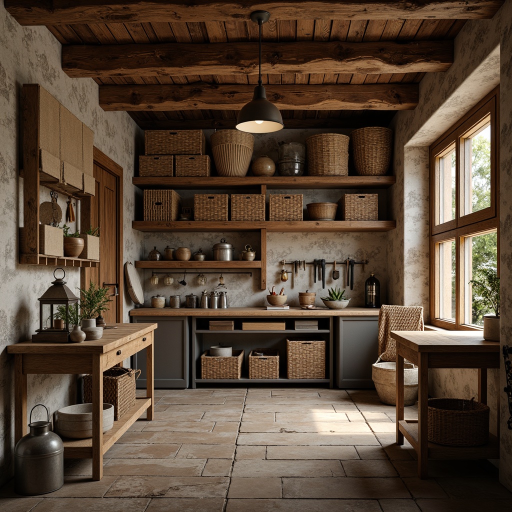 Prompt: Rustic craft room, wooden workbenches, vintage tools, natural stone walls, earthy color palette, distressed wood accents, metal lanterns, woven baskets, rattan storage bins, reclaimed wood shelves, industrial metal tables, wooden crates, burlap fabrics, pendant lamps, warm soft lighting, cozy atmosphere, shallow depth of field, 2/3 composition, realistic textures.