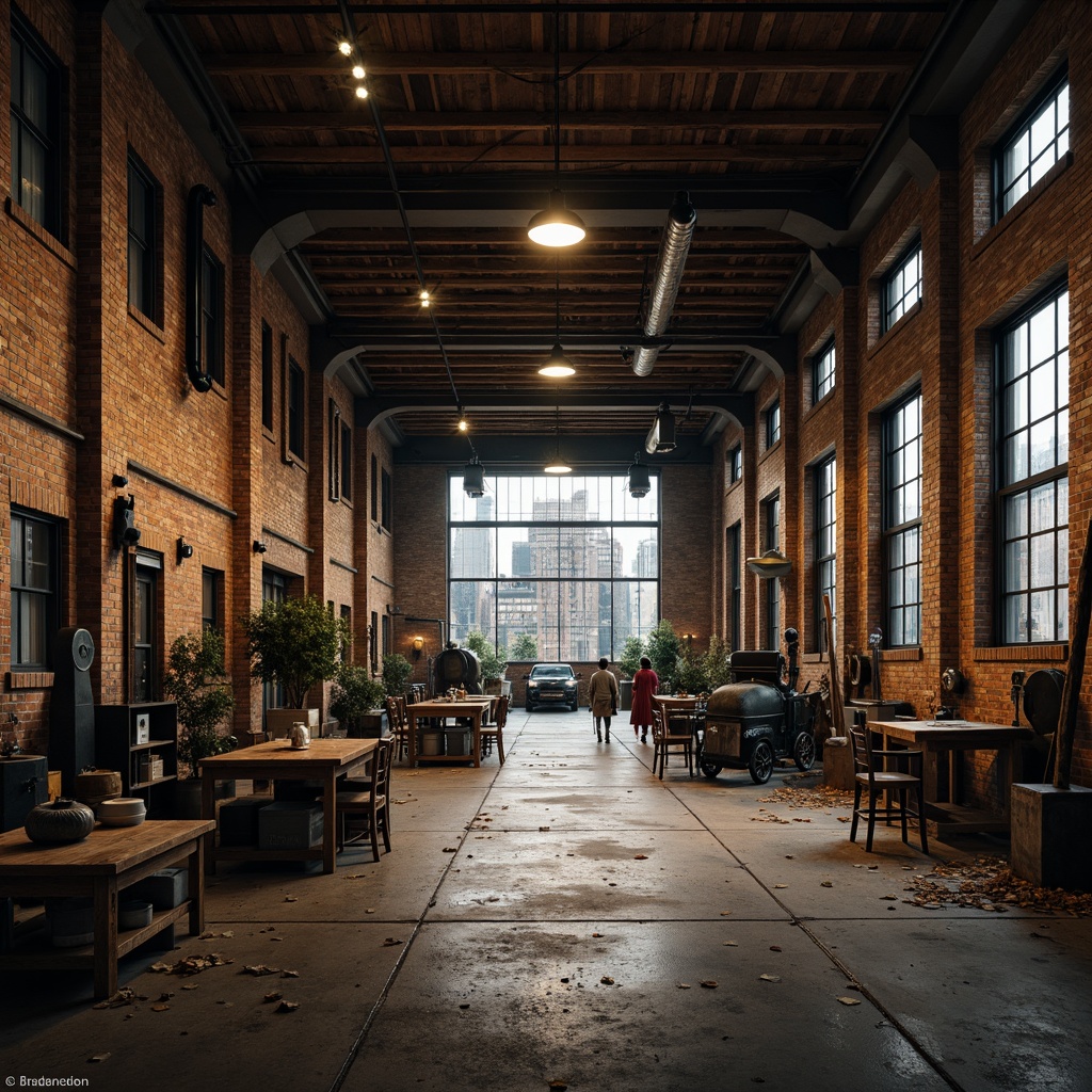 Prompt: Rustic industrial warehouse, exposed brick walls, metal beams, reclaimed wood accents, distressed finishes, urban landscape, moody atmospheric lighting, warm earthy tones, muted grays, weathered steel blues, industrial greens, rich browns, rough textures, vintage machinery, old factory settings, abandoned buildings, cityscape views, dramatic shadows, high contrast ratios, cinematic compositions, gritty realistic renderings.