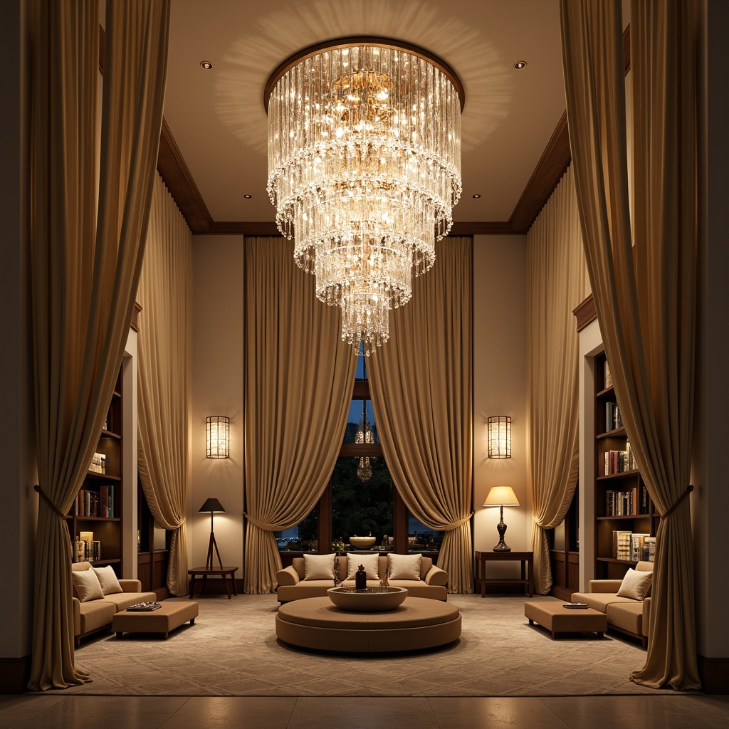 Prompt: Luxurious chandelier, crystal droplets, soft warm glow, dimmable LED lights, sophisticated sconces, metallic finishes, minimalist ceiling fixtures, ambient illumination, cozy reading nooks, floor-to-ceiling drapery, lavish textiles, rich wood tones, opulent furnishings, intimate seating areas, warm beige hues, subtle color palette, 1/1 composition, shallow depth of field, realistic reflections, soft focus blur.