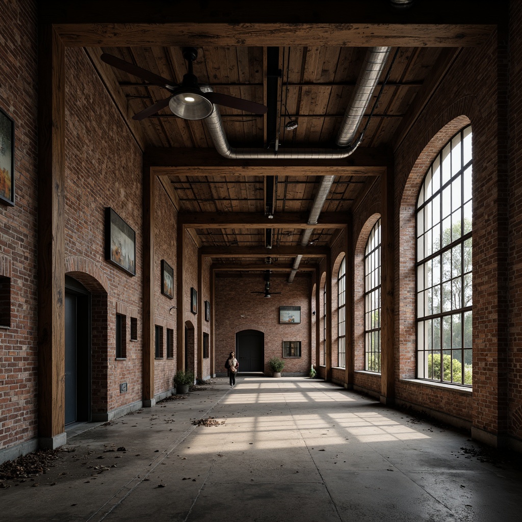 Prompt: Warehouse Gothic design, rugged brick walls, distressed wooden beams, exposed ductwork, industrial metal pipes, reclaimed wood accents, earthy color palette, muted lighting, atmospheric shadows, abandoned factory setting, urban decay atmosphere, worn concrete floors, ornate ironwork details, mysterious ambiance, cinematic composition, low-key lighting, dramatic depth of field.