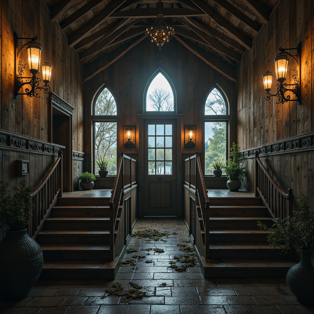 Prompt: Weathered wooden planks, ornate stone carvings, pointed arch windows, rustic metal hinges, distressed wood doors, lantern-style lighting fixtures, nautical ropes, porthole windows, curved staircases, vaulted ceilings, grandiose chandeliers, mysterious dim lighting, dramatic shadows, 1/2 composition, low-angle shot, atmospheric mist, mystical ambiance, intricate wooden ornaments, gothic-inspired tracery, water reflections, serene lake surroundings, lush greenery.