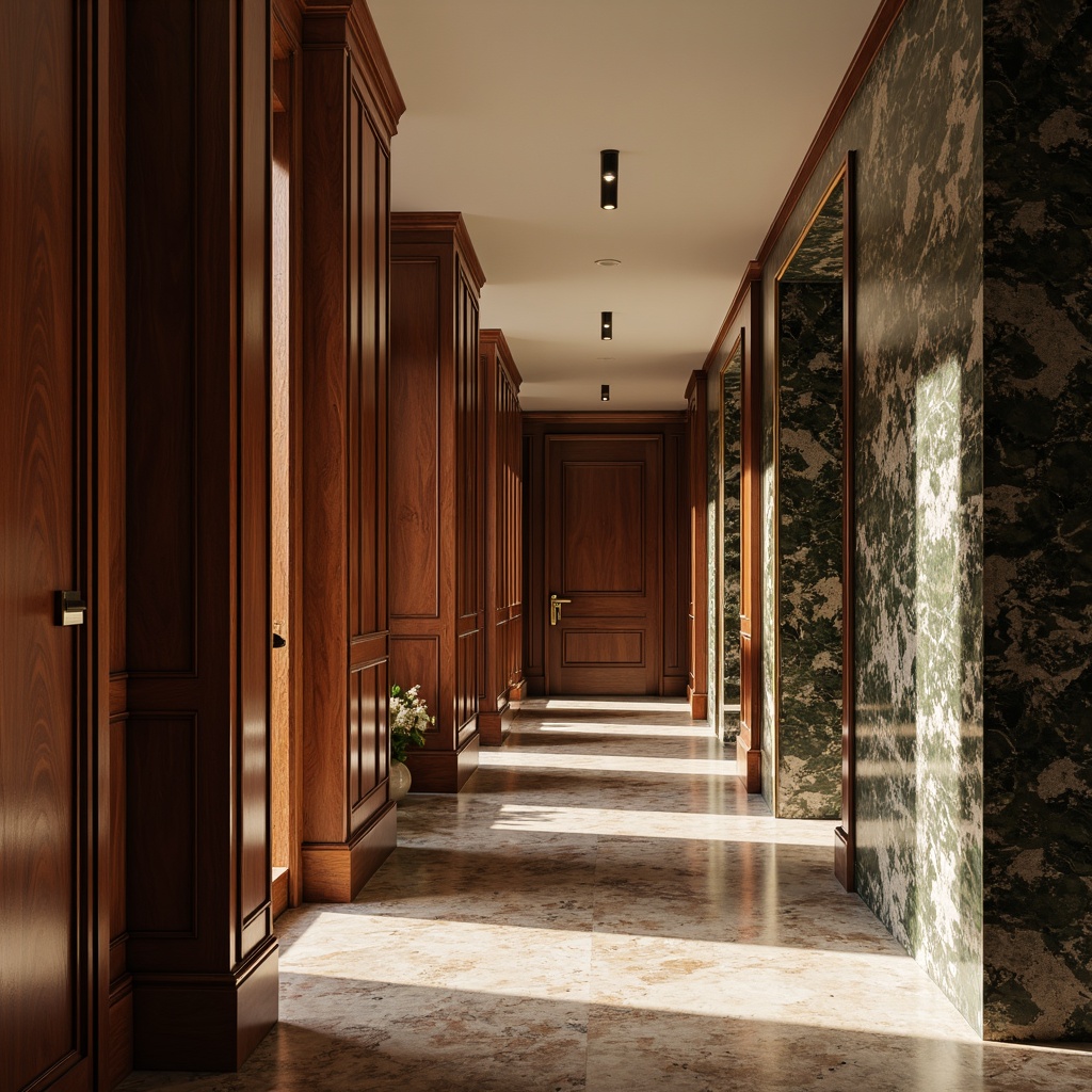 Prompt: Luxurious interior walls, high-end finishes, marble textures, metallic accents, rich wood paneling, elegant plasterwork, sophisticated color schemes, ambient lighting effects, dramatic shadow play, 3/4 composition, shallow depth of field, warm soft focus, realistic materials, detailed normal maps.