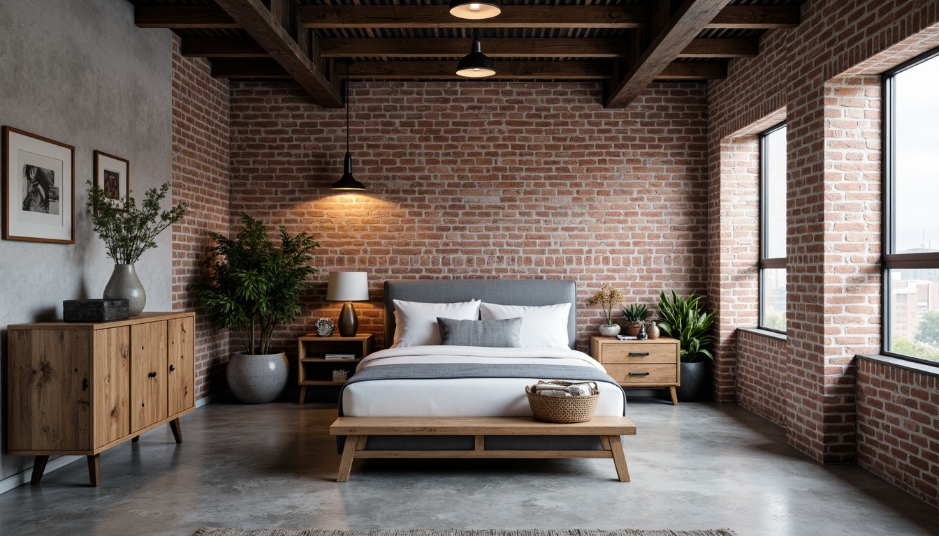 Prompt: Industrial bedroom, exposed brick walls, metal beams, reclaimed wood furniture, distressed finishes, urban loft atmosphere, dimmable industrial pendant lights, concrete floors, minimalist decor, neutral color palette, shades of gray, weathered steel blue, rusty red accents, warm beige tones, soft ambient lighting, shallow depth of field, 1/1 composition, realistic textures, ambient occlusion.