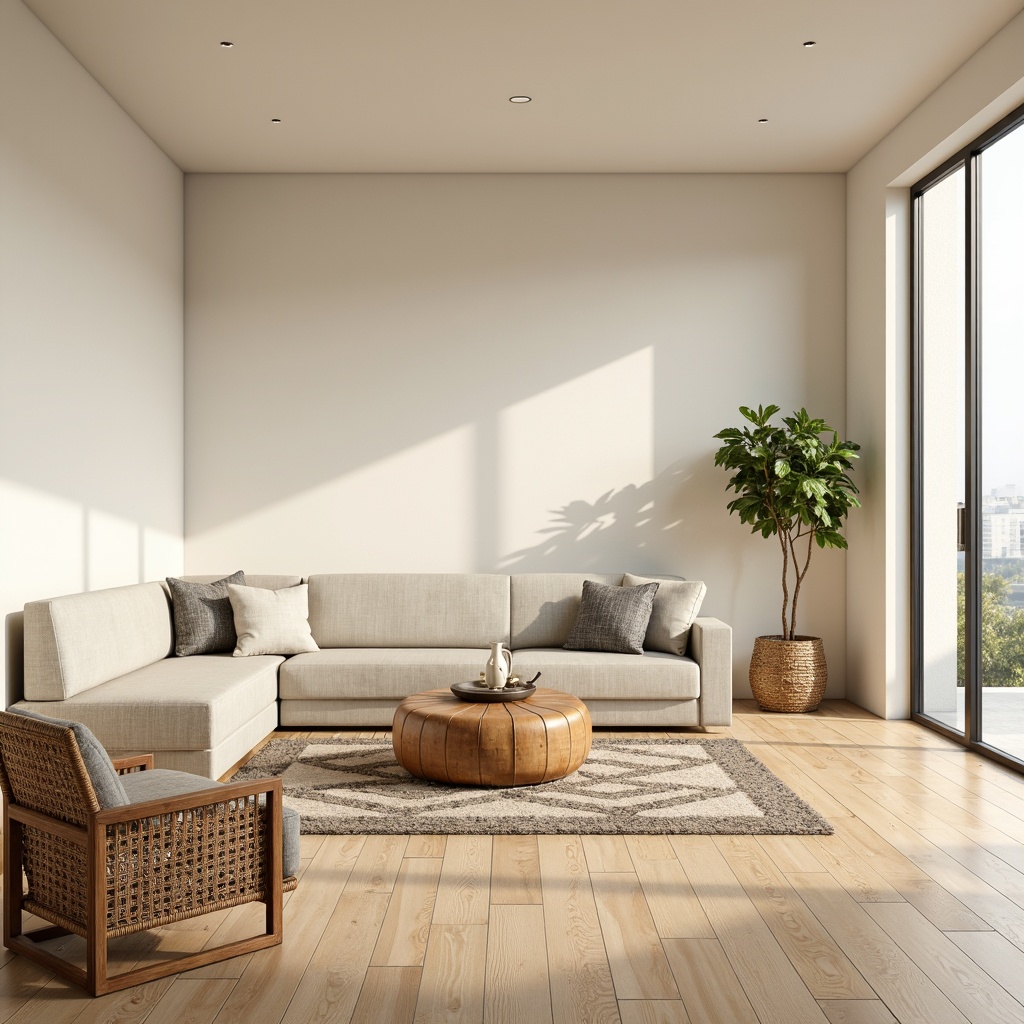 Prompt: Minimalist living room, light wood flooring, creamy white walls, sleek low-profile sofa, tufted ottoman, wooden coffee table, woven rattan armchair, geometric patterned rug, natural fiber textiles, floor-to-ceiling windows, soft warm lighting, airy feel, 1/1 composition, realistic wood grain textures, ambient occlusion.