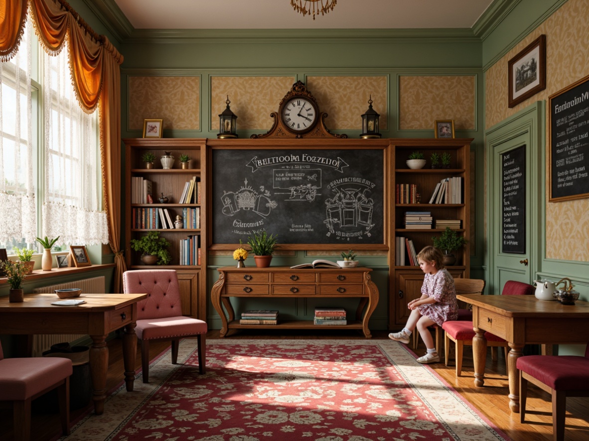 Prompt: Vintage kindergarten interior, ornate wooden furniture, intricately carved tables, plush velvet chairs, antique bookshelves, distressed finishes, soft warm lighting, pastel color palette, floral patterns, lace curtains, nostalgic atmosphere, traditional educational decor, chalkboard walls, wooden abacus, vintage teaching aids, cozy reading nooks, oversized clocks, richly textured rugs, 1/1 composition, shallow depth of field, realistic textures, ambient occlusion.