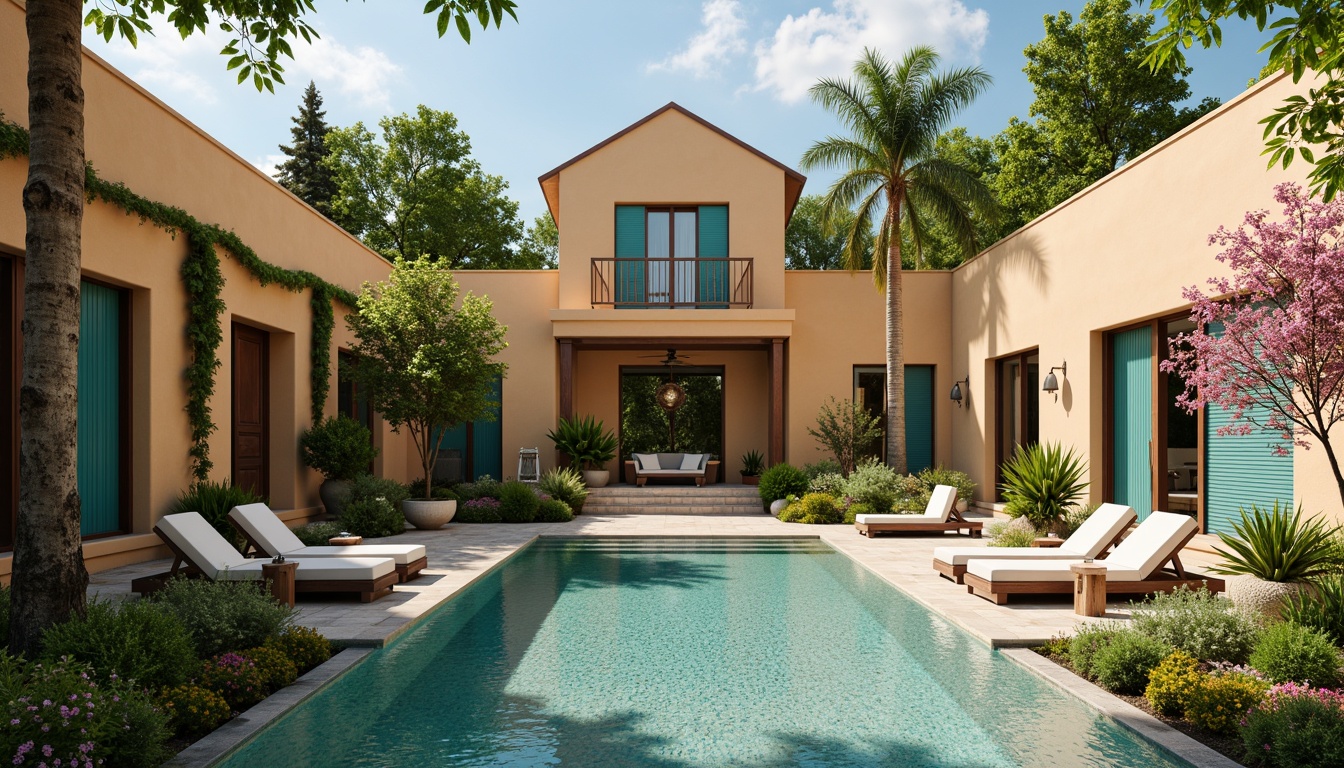 Prompt: Luxurious villa, Mediterranean architecture, warm beige walls, turquoise accents, lush greenery, blooming flowers, private courtyard, tranquil water features, soft warm lighting, 1/1 composition, shallow depth of field, natural stone flooring, wooden shutters, elegant furnishings, ambient occlusion.