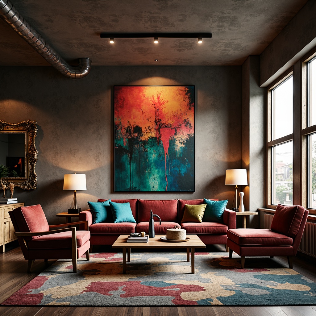 Prompt: Vibrant apartment interior, expressionism art-inspired color palette, bold brushstroke textures, abstract geometric patterns, eclectic furniture arrangements, rich velvet fabrics, metallic accents, moody atmospheric lighting, dimmable floor lamps, statement piece artwork, ornate gilded frames, distressed wood finishes, industrial chic decor, urban loft ambiance, warm earthy tones, deep blues and greens, pops of bright coral, soft focus photography, 1/2 composition, cinematic depth of field.