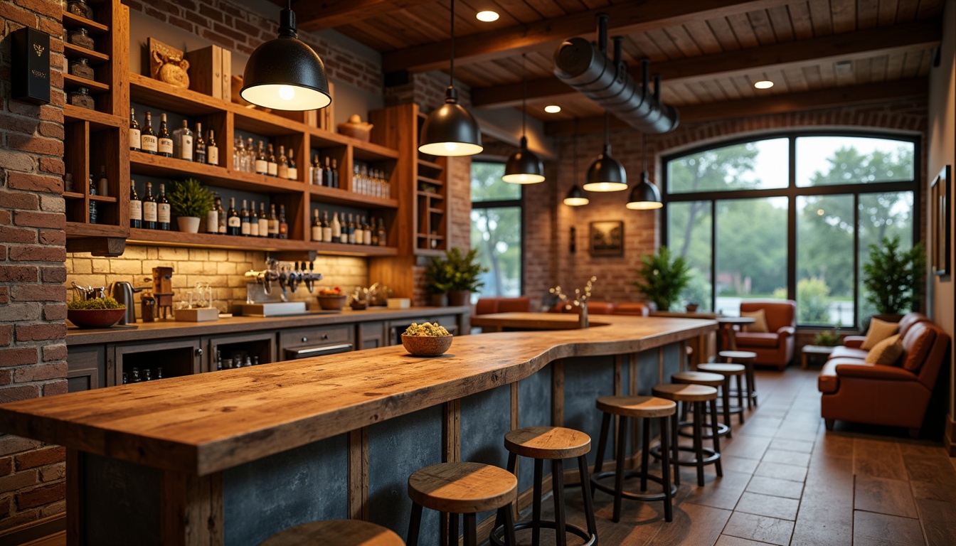 Prompt: Rustic home bar, reclaimed wood countertops, distressed finishes, earthy tones, natural stone backsplashes, wooden beer taps, pendant lighting, exposed brick walls, cozy atmosphere, warm color schemes, comfortable seating areas, wooden crates, vintage decor, industrial metal stools, rich textures, shallow depth of field, 2/3 composition, soft warm lighting, realistic wood grains.