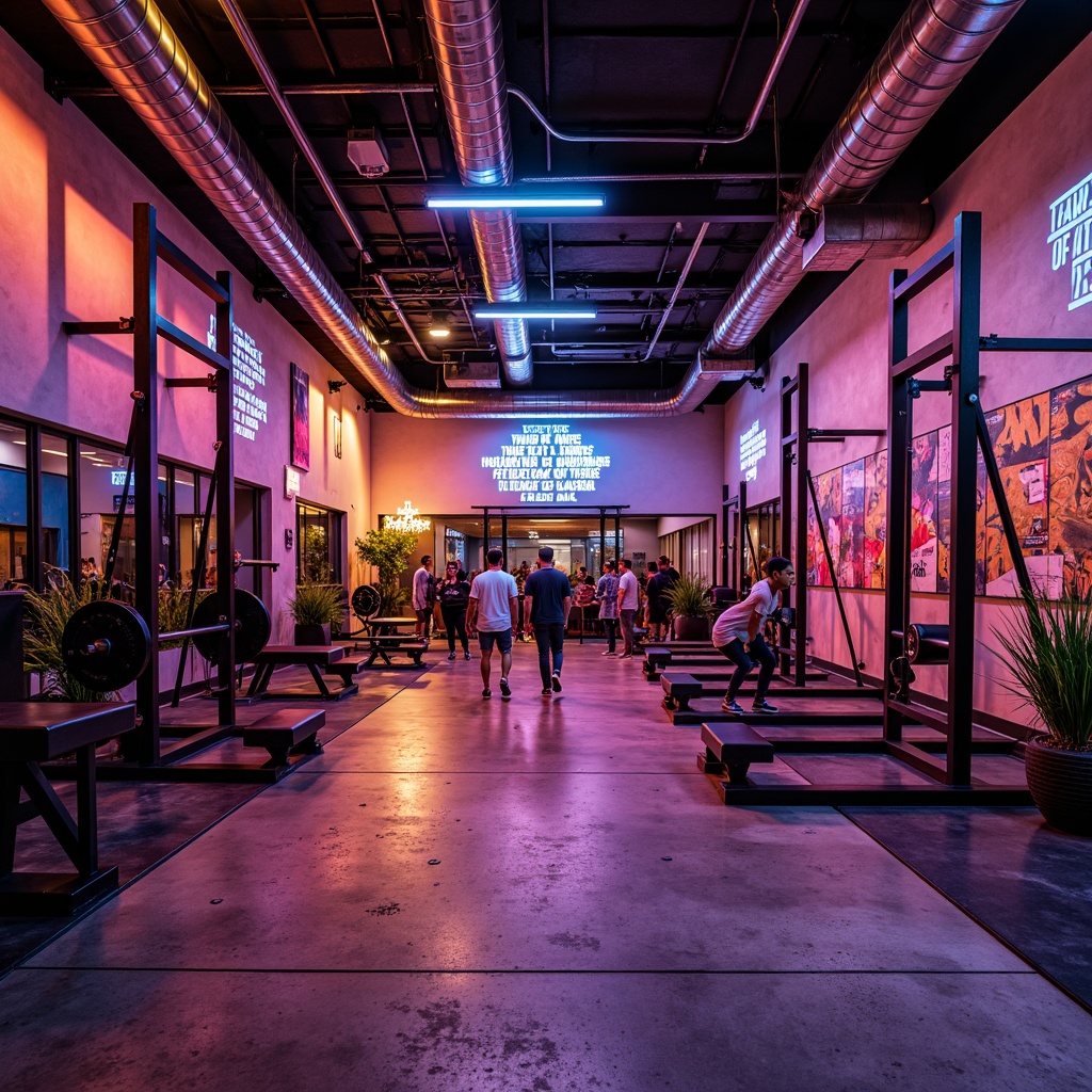 Prompt: Vibrant home gym, expressionist design, bold color scheme, neon lights, abstract patterns, industrial metal equipment, concrete flooring, urban loft atmosphere, high ceilings, exposed ductwork, motivational quotes, dynamic shadows, dramatic spotlights, warm ambient glow, softbox lighting, 1/2 composition, low-key mood, gritty textures, cinematic flair.