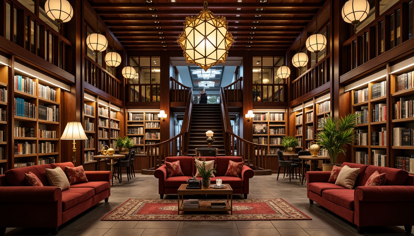 Prompt: Art Deco bookstore, ornate chandeliers, geometric pendant lamps, luxurious velvet sofas, rich wood paneling, metallic accents, grand staircase, floor-to-ceiling bookshelves, vintage typewriters, antique globes, soft warm lighting, dramatic shadows, high contrast ratio, 1/2 composition, symmetrical framing, realistic reflections, ambient occlusion.