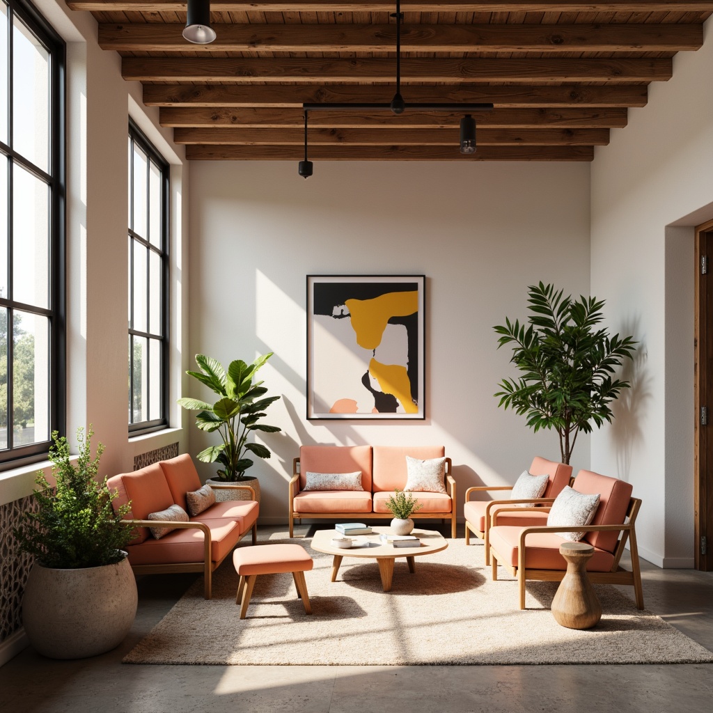 Prompt: Vibrant design studio, modern furniture, pastel color scheme, soft peach tones, creamy whites, rich charcoal accents, natural wood textures, industrial metal frames, geometric patterns, abstract artwork, plenty of negative space, warm atmospheric lighting, high-contrast shadows, shallow depth of field, 2/3 composition, cinematic view, realistic reflections, ambient occlusion.