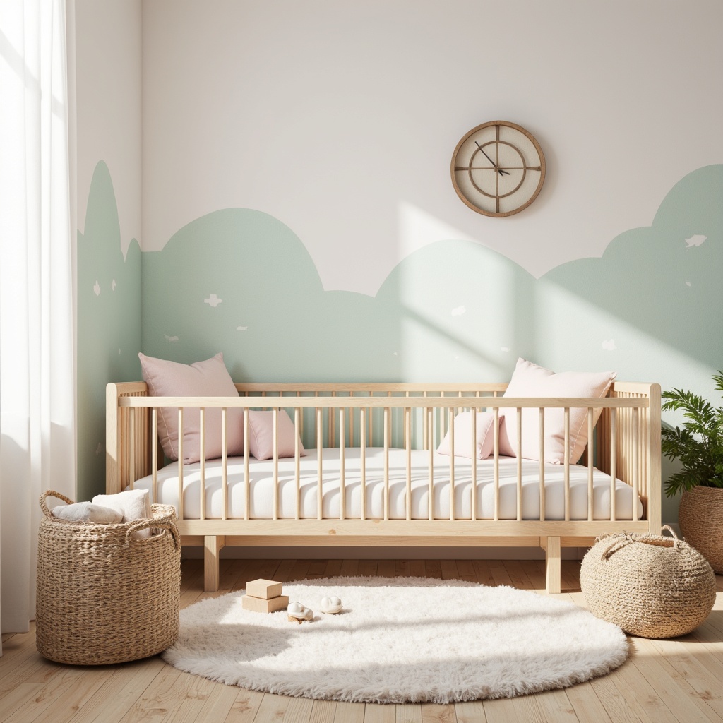 Prompt: Soft pastel hues, creamy whites, gentle woods, plush toys, baby blocks, crib bedding, nursery rhymes, warm afternoon light, cozy atmosphere, calming ambiance, soothing color scheme, pale pink accents, baby blue undertones, minty freshness, natural textures, woven baskets, fluffy rugs, whimsical wall art, delicate patterns, dreamy landscapes, serene backgrounds, shallow depth of field, 1/1 composition, soft focus, gentle bokeh.