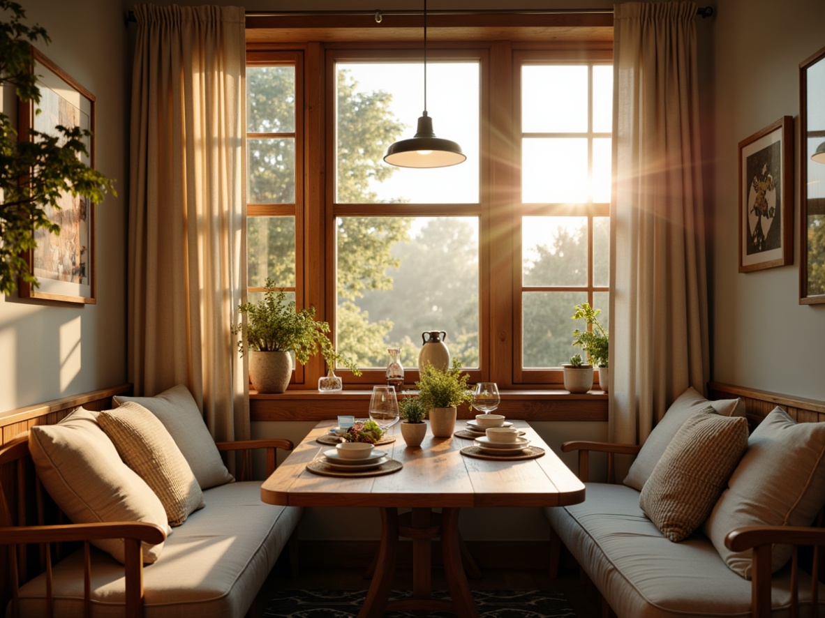 Prompt: Cozy breakfast nook, warm ambient lighting, soft golden glow, wooden accents, natural textures, plush cushions, rustic table settings, vintage metal chairs, earthy color palette, creamy whites, warm beiges, soft pastels, morning sunlight, gentle shadows, 1/2 composition, intimate atmosphere, relaxed mood, subtle backlighting, warm color temperature, inviting ambiance.