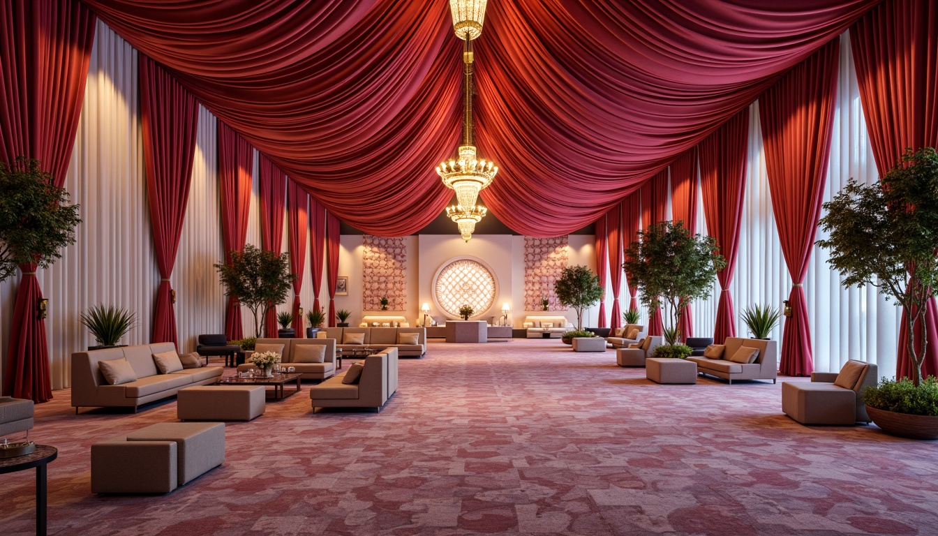 Prompt: Vibrant event space, luxurious velvet drapes, metallic gold accents, rich wood tones, soft pastel hues, elegant chandeliers, sophisticated furniture, plush carpets, warm ambient lighting, dramatic spotlights, subtle texture contrasts, 3/4 composition, cinematic color grading, realistic reflections, intricate patterns, ornate details, lavish decorations.