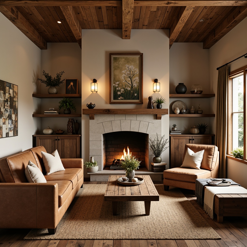 Prompt: Cozy craftsman interior, earthy tone color palette, warm beige walls, rich wood accents, natural stone fireplace, comfortable leather furniture, vintage metal lighting fixtures, woven textiles, organic patterns, soft warm lighting, shallow depth of field, 1/1 composition, realistic textures, ambient occlusion.