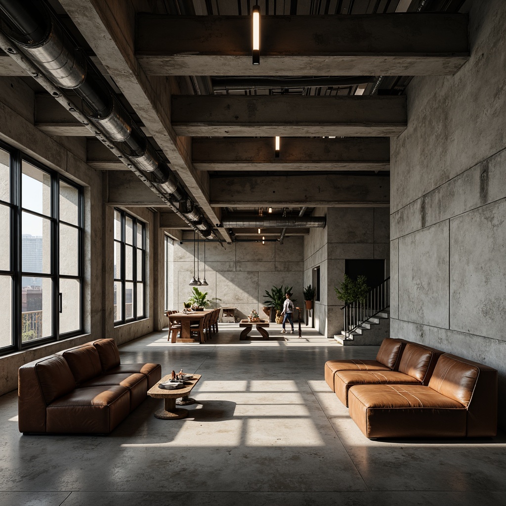 Prompt: Industrial concrete walls, rough-textured stone floors, raw metal beams, exposed ductwork, bold brutalist architecture, monochromatic color scheme, muted earth tones, weathered wood accents, distressed leather furniture, minimalist decor, functional lighting fixtures, dramatic shadows, high-contrast lighting, cinematic atmosphere, moody ambiance, urban loft vibe.