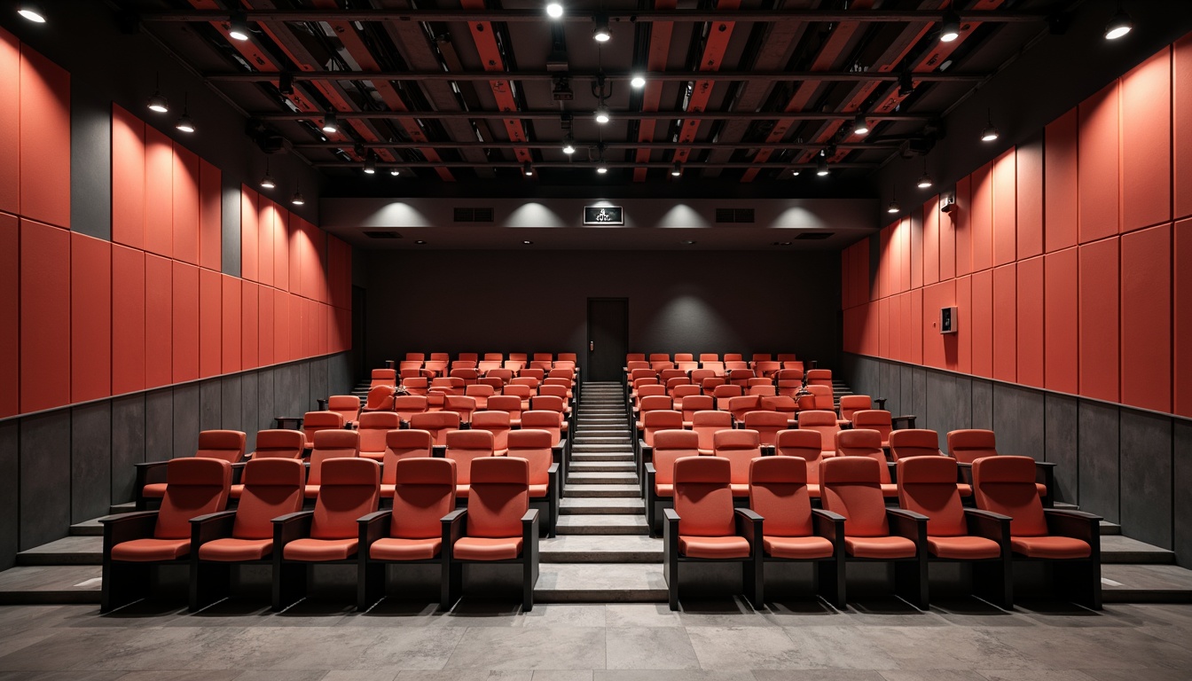 Prompt: Minimalist theater interior, Bauhaus-inspired seating arrangement, sleek metal chairs, geometric patterns, bold color accents, industrial-style lighting fixtures, exposed ductwork, polished concrete floors, functional simplicity, rationalized layout, asymmetrical composition, dramatic spotlights, warm ambient glow, shallow depth of field, 2/3 composition, realistic textures, ambient occlusion.