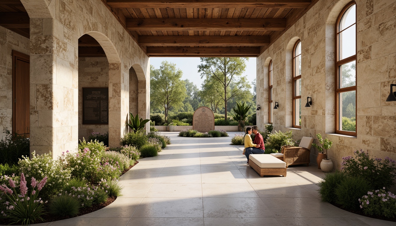 Prompt: Rustic memorial center, natural stone walls, reclaimed wood accents, exposed concrete floors, minimalist design, subtle lighting, serene atmosphere, peaceful water features, lush greenery, vibrant flowers, memorial plaques, historic artifacts, warm beige tones, earthy textures, organic forms, curved lines, open spaces, abundant natural light, soft shadows, 1/1 composition, shallow depth of field, realistic renderings.