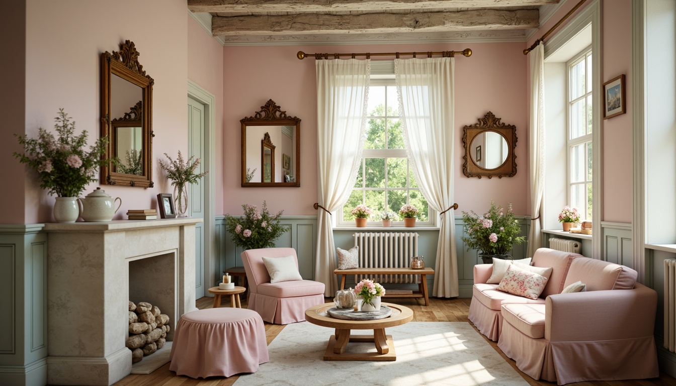 Prompt: Soft, feminine shabby-chic interior, distressed finishes, vintage furniture, floral patterns, pastel colors, pale pink accents, creamy whites, warm beiges, soft blues, muted greens, delicate lace details, ornate mirrors, distressed wood textures, worn velvet fabrics, romantic candlelight, warm golden lighting, shallow depth of field, 1/1 composition, intimate close-up shots, realistic renderings, subtle ambient occlusion.