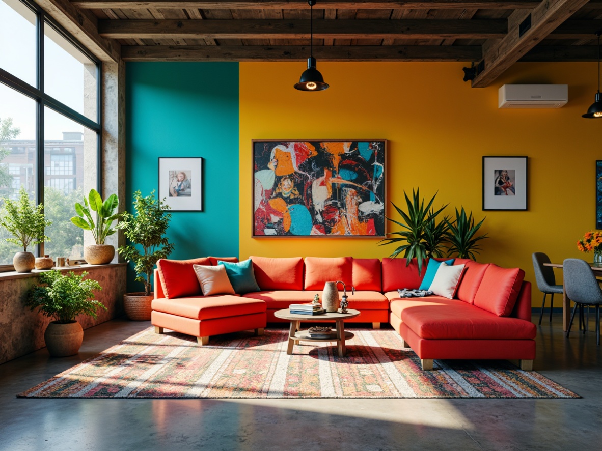 Prompt: Vibrant apartment interior, expressionist artwork, bold color palette, turquoise accents, yellow ochre walls, rich crimson furniture, abstract patterns, geometric shapes, eclectic decorative items, ornate lighting fixtures, industrial metal beams, polished concrete floors, modern minimalist architecture, large windows, natural light pouring in, soft warm glow, shallow depth of field, 1/1 composition, realistic textures, ambient occlusion.