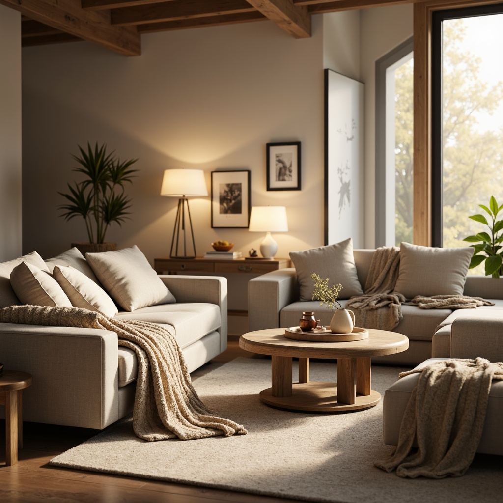 Prompt: Cozy living room, plush throw blankets, soft velvet fabrics, natural linen textures, warm beige tones, comfortable sectional sofas, oversized pillows, rustic wooden coffee tables, modern minimalist decor, bright floor lamps, warm golden lighting, shallow depth of field, 3/4 composition, realistic fabric renderings.