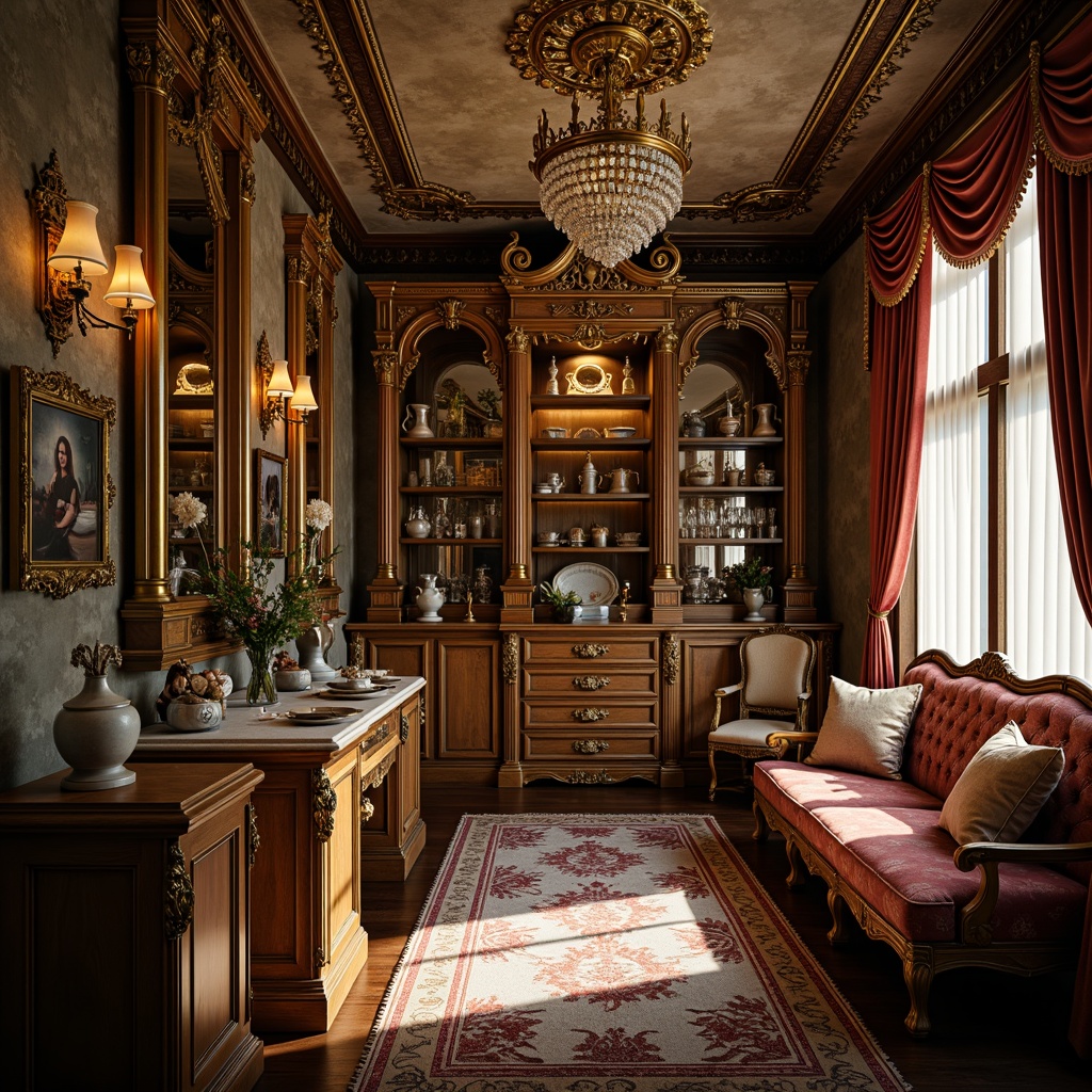 Prompt: Ornate pantry, Rococo style furniture, intricately carved wood, gilded details, ornamental mirrors, crystal chandeliers, luxurious fabrics, velvet drapes, golden hardware, distressed finishes, antique-inspired decor, soft warm lighting, shallow depth of field, 1/1 composition, realistic textures, ambient occlusion.