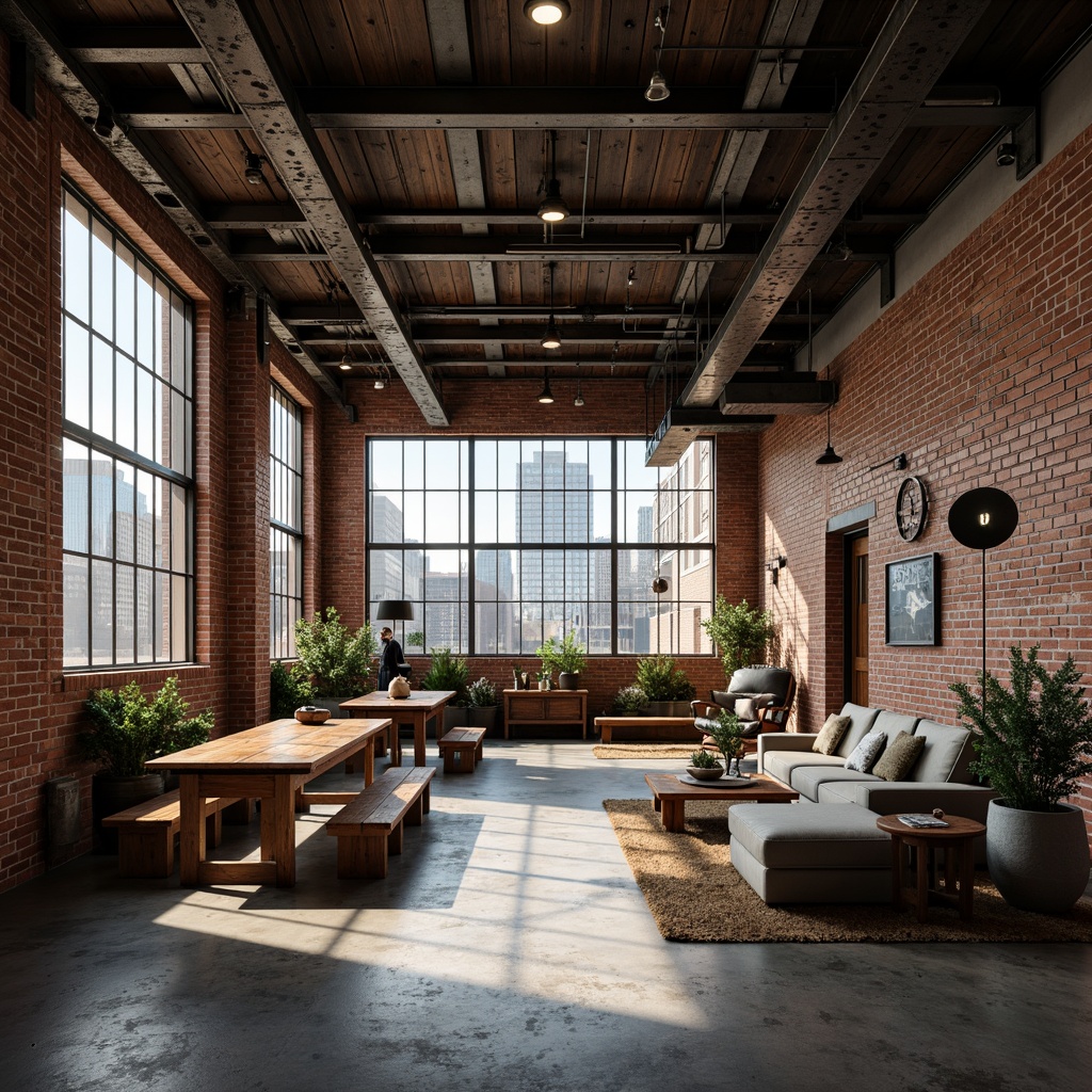 Prompt: Exposed brick walls, metal beams, reclaimed wood accents, industrial-style lighting fixtures, concrete floors, urban cityscape views, converted warehouse atmosphere, distressed finishes, eclectic decorative pieces, vintage machinery parts, metallic color palette, functional decor, minimalist chic aesthetic, dramatic shadows, high contrast ratio, wide-angle lens, cinematic composition, realistic textures, ambient occlusion.