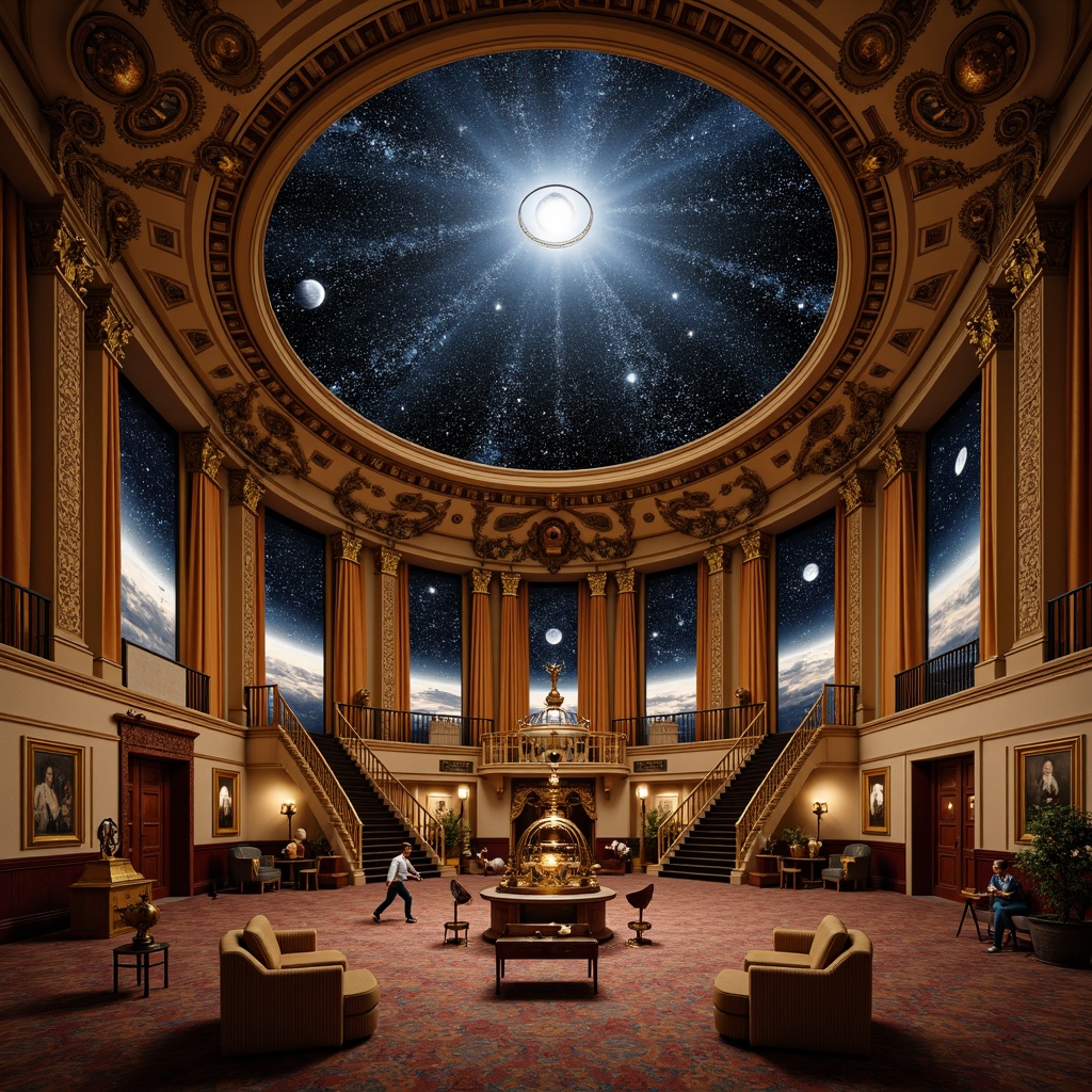 Prompt: Richly ornamented planetarium, celestial body displays, intricate star patterns, lavish velvet drapes, golden accents, ornate metalwork, warm beige walls, dark wood paneling, antique furniture, vintage astronomical instruments, mysterious blue-grey night sky, soft warm lighting, subtle glow effects, shallow depth of field, 1/1 composition, realistic textures, ambient occlusion.