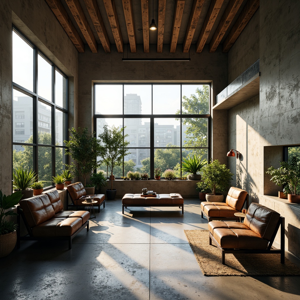 Prompt: Brutalist sunroom, rugged concrete walls, industrial metal beams, reclaimed wood accents, minimalist decor, brutalist architectural style, massive windows, natural light flooding, urban jungle views, lush greenery, exotic plants, industrial-chic furniture, raw steel frames, distressed leather upholstery, bold color contrasts, dramatic shadows, low-key warm lighting, 3/4 composition, cinematic framing, realistic textures, ambient occlusion.