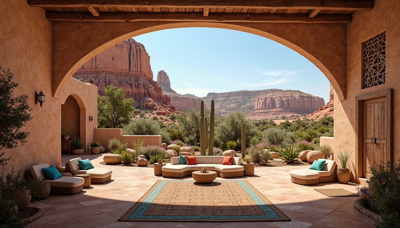 Prompt: Adobe-style architecture, curved seating areas, terracotta pottery, vibrant turquoise accents, natural stone walls, rustic wooden beams, earthy tone flooring, woven textiles, geometric patterned rugs, desert flora, cacti, succulents, warm sandy dunes, clear blue skies, dramatic rock formations, ancient Native American-inspired carvings, ornate metalwork, Southwestern-style lanterns, soft warm lighting, shallow depth of field, 3/4 composition, panoramic view.