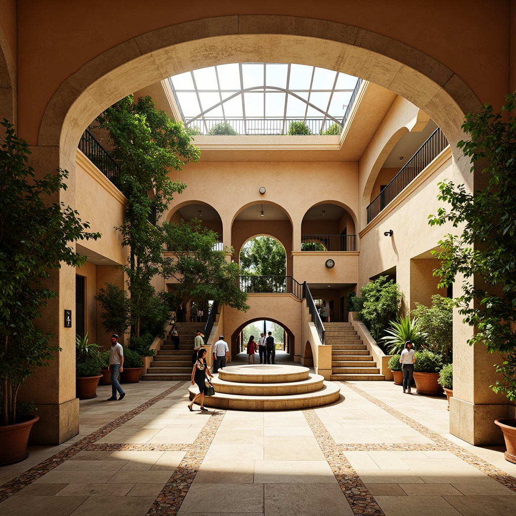 Prompt: Vibrant Mediterranean metro station interior, natural stone flooring, lush greenery walls, tropical plants, warm beige tones, ornate ironwork, decorative ceramic tiles, arched columns, grand staircase, spacious open areas, elegant lighting fixtures, soft warm ambiance, shallow depth of field, 1/1 composition, realistic textures, ambient occlusion, bustling city atmosphere, morning sunlight filtering through skylights.