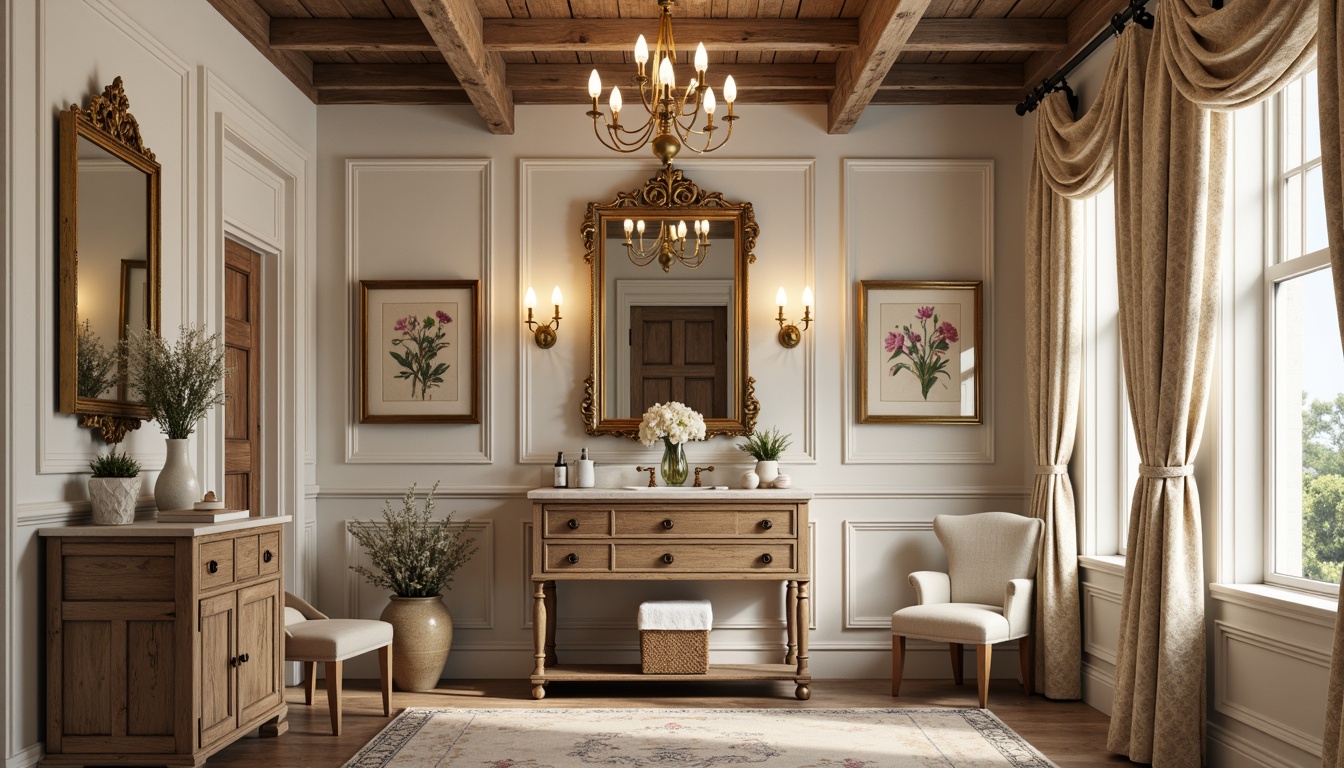 Prompt: Rustic powder room, soft pastel colors, distressed wood accents, ornate mirrors, antique furniture pieces, delicate florals, toile fabric drapes, carved wooden panels, vintage accessories, elegant chandeliers, subtle lighting, warm beige tones, aged stone walls, decorative molding details, classic French country style, luxurious velvet fabrics, refined gold hardware, soft feminine touches, serene ambiance, still life paintings, distressed finishes, natural textures, warm intimate atmosphere.