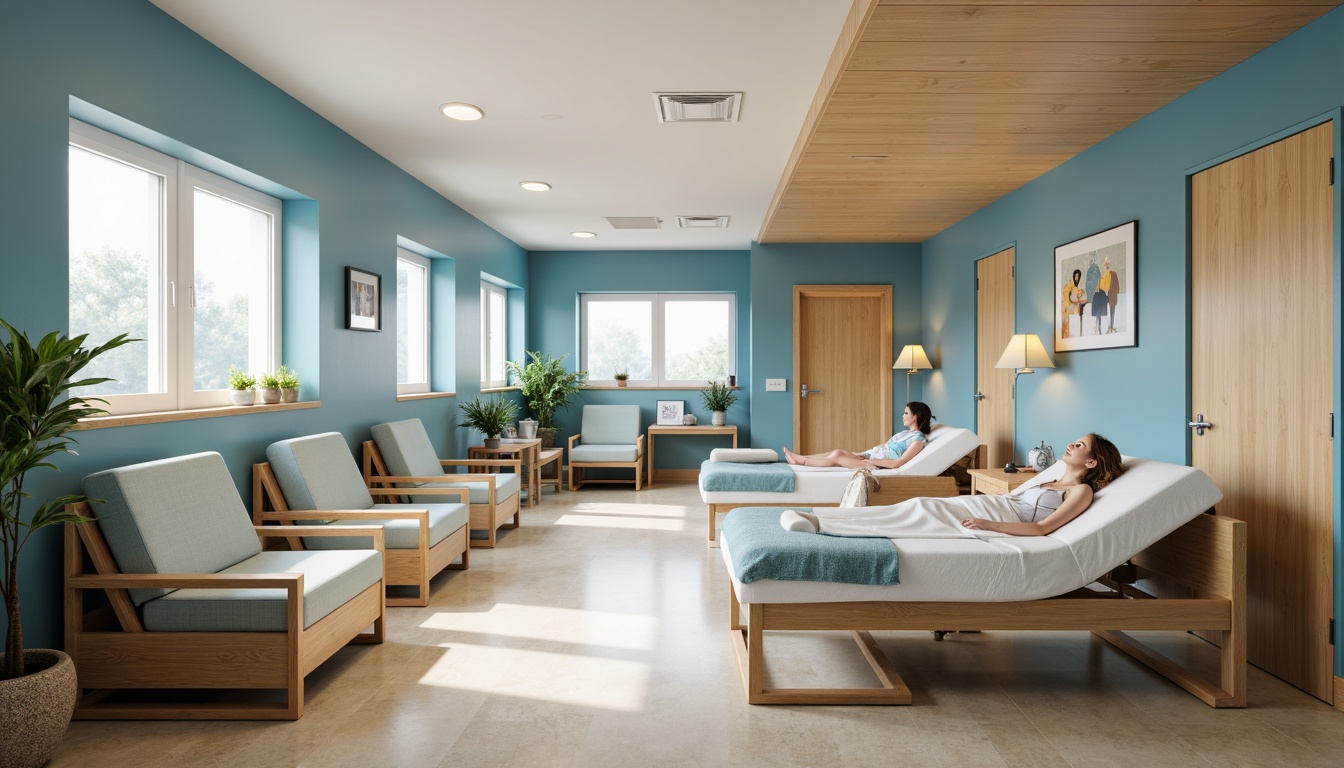 Prompt: Cozy hospital room, soft cushioned chairs, calming blue walls, natural wood accents, comfortable patient beds, adjustable headrests, warm beige flooring, gentle lighting fixtures, plush throw blankets, ergonomic design, reclining functions, soothing color schemes, serene ambiance, peaceful atmosphere, minimal medical equipment visibility, calming artwork, soft music background, warm temperature control, quiet surroundings.