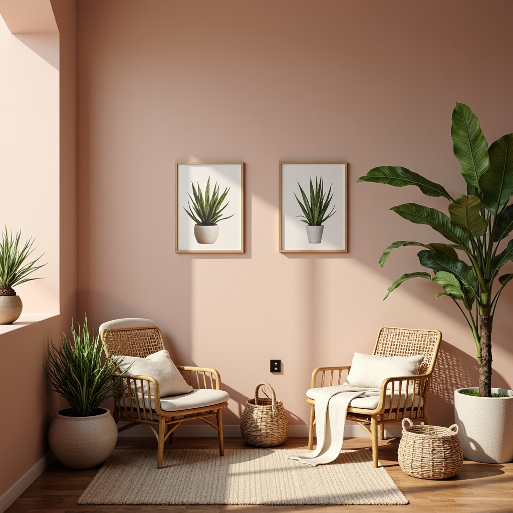 Prompt: Earthy tones, muted pastels, soft peach hues, creamy whites, rich wood accents, natural textiles, woven baskets, potted greenery, warm ambient lighting, shallow depth of field, 2/3 composition, subtle gradient effects, realistic material renderings, atmospheric perspective.