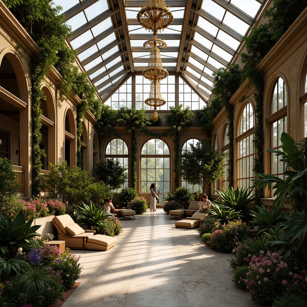 Prompt: Luxuriant greenhouse, ornate ironwork, intricate stone carvings, lavish floral arrangements, grandiose chandeliers, opulent velvet drapes, Baroque-inspired furnishings, gilded accents, polished marble floors, luscious greenery, exotic plants, tropical flowers, soft diffused natural light, warm golden lighting, shallow depth of field, 1/2 composition, intimate atmosphere, realistic textures, ambient occlusion.