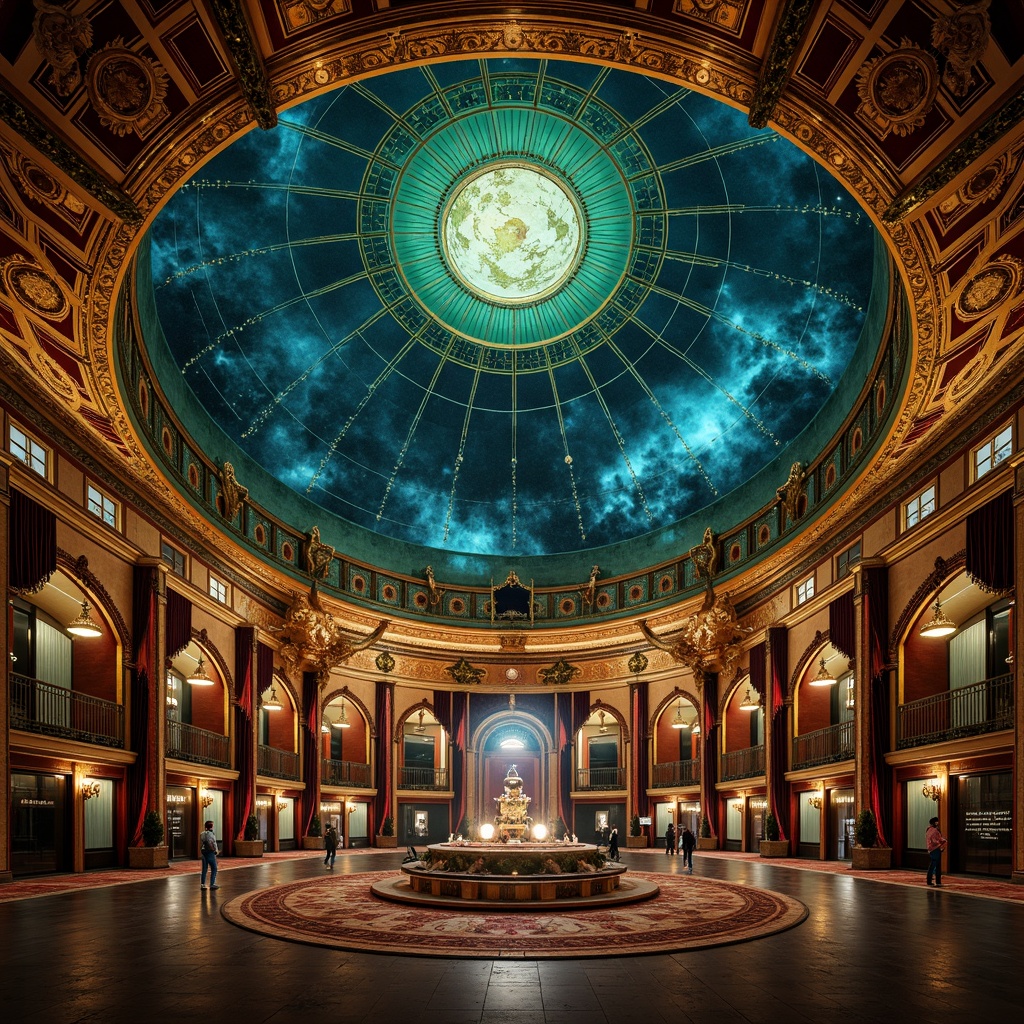 Prompt: \Ornate planetarium dome, rich jewel-toned colors, deep blues and emerald greens, gold accents, intricate stenciling, celestial maps, starry night skies, ornamental ironwork, Victorian-era inspired architecture, luxurious velvet drapes, warm golden lighting, soft misty atmosphere, shallow depth of field, 1/1 composition, realistic textures, ambient occlusion.\