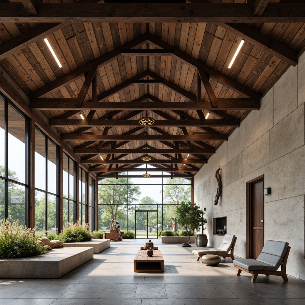 Prompt: Rustic memorial center, exposed steel beams, weathered wooden accents, industrial-chic lighting fixtures, concrete floors, minimalist decor, solemn atmosphere, natural stone walls, modern sculptures, abstract art pieces, floor-to-ceiling windows, diffused soft light, shallow depth of field, 2/3 composition, panoramic view, realistic textures, ambient occlusion.