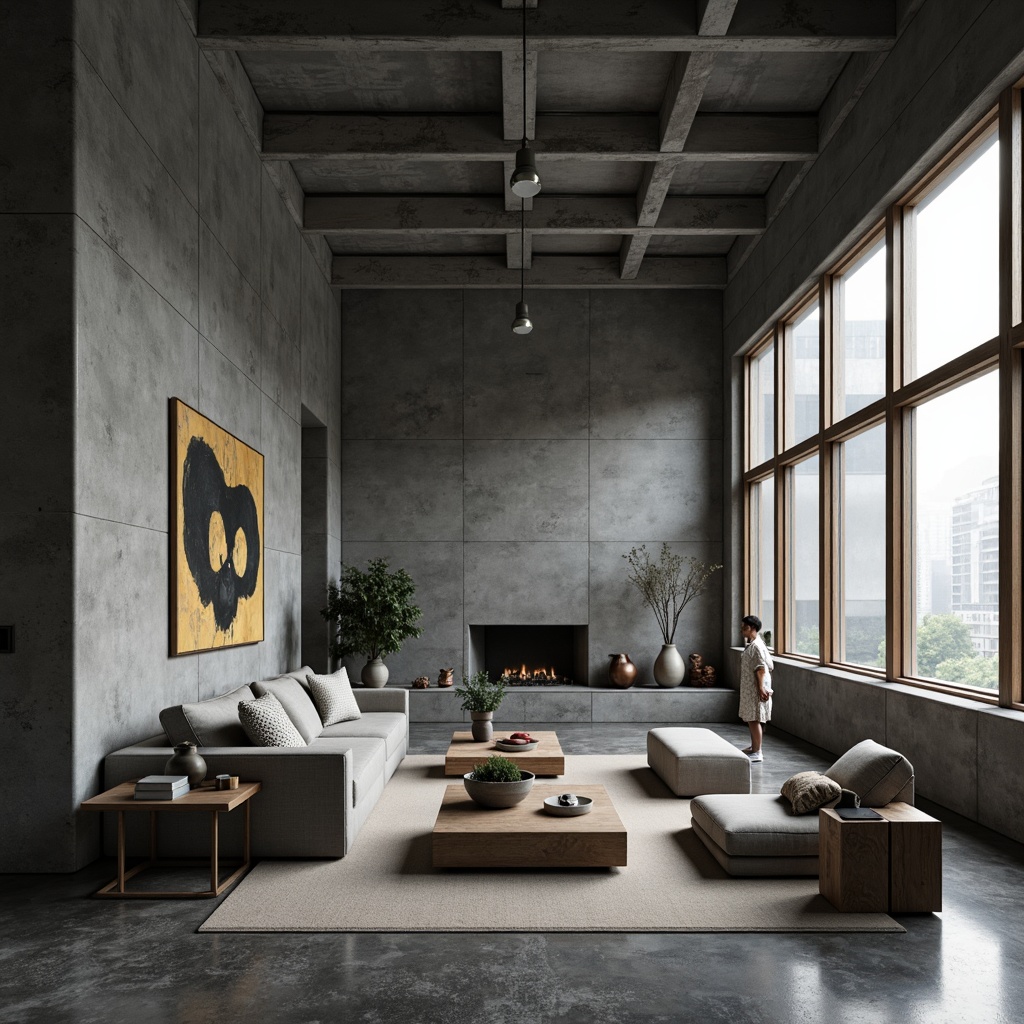 Prompt: Rough-hewn concrete walls, industrial metal beams, minimalist decor, brutalist architecture, modern furniture design, geometric shapes, monochromatic color scheme, natural light pouring in, raw wood accents, chunky textiles, statement lighting fixtures, abstract artwork, urban loft atmosphere, moody shadows, dramatic contrast, cinematic composition, low-angle shot, atmospheric fog effect.