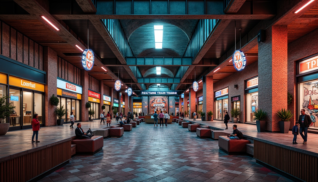 Prompt: Vibrant train station, exposed brick walls, textured concrete surfaces, industrial metal beams, neon signage, eclectic postmodern decor, bold color schemes, geometric patterned tiles, asymmetrical architecture, irregular shapes, distressed finishes, urban graffiti, dynamic lighting effects, shallow depth of field, 1/1 composition, realistic reflections, ambient occlusion.