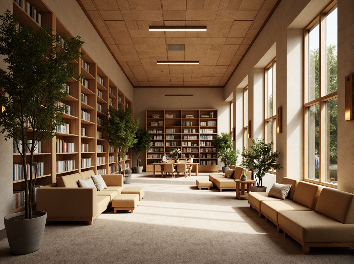 Prompt: Cozy library atmosphere, warm beige walls, rich wood accents, comfortable seating areas, soft plush carpets, earthy brown bookshelves, calming greenery, natural light pouring in, large windows, modern minimalist architecture, subtle texture overlays, realistic renderings, ambient occlusion, shallow depth of field, 3/4 composition, panoramic view.