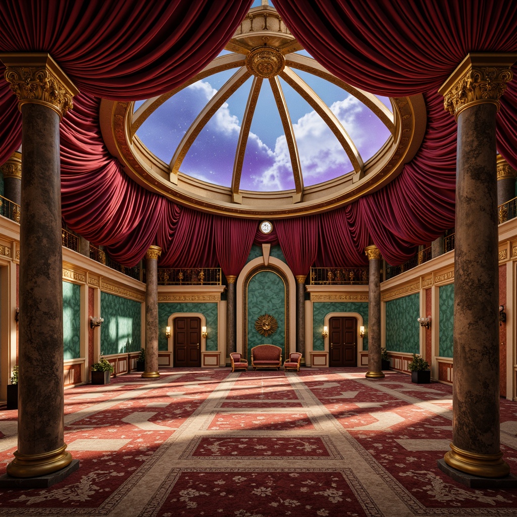 Prompt: Richly ornamented planetarium, luxurious velvet drapes, warm golden lighting, intricately patterned rugs, ornate wooden paneling, celestial-inspired frescoes, majestic stone columns, regal crimson reds, opulent emerald greens, lavish turquoise blues, antique bronze fixtures, mystical purple hues, soft cream whites, subtle beige tones, starry night sky projections, dramatic spotlights, warm ambient glow, high contrast ratio, 3/4 composition, symmetrical layout, realistic textures, atmospheric depth of field.