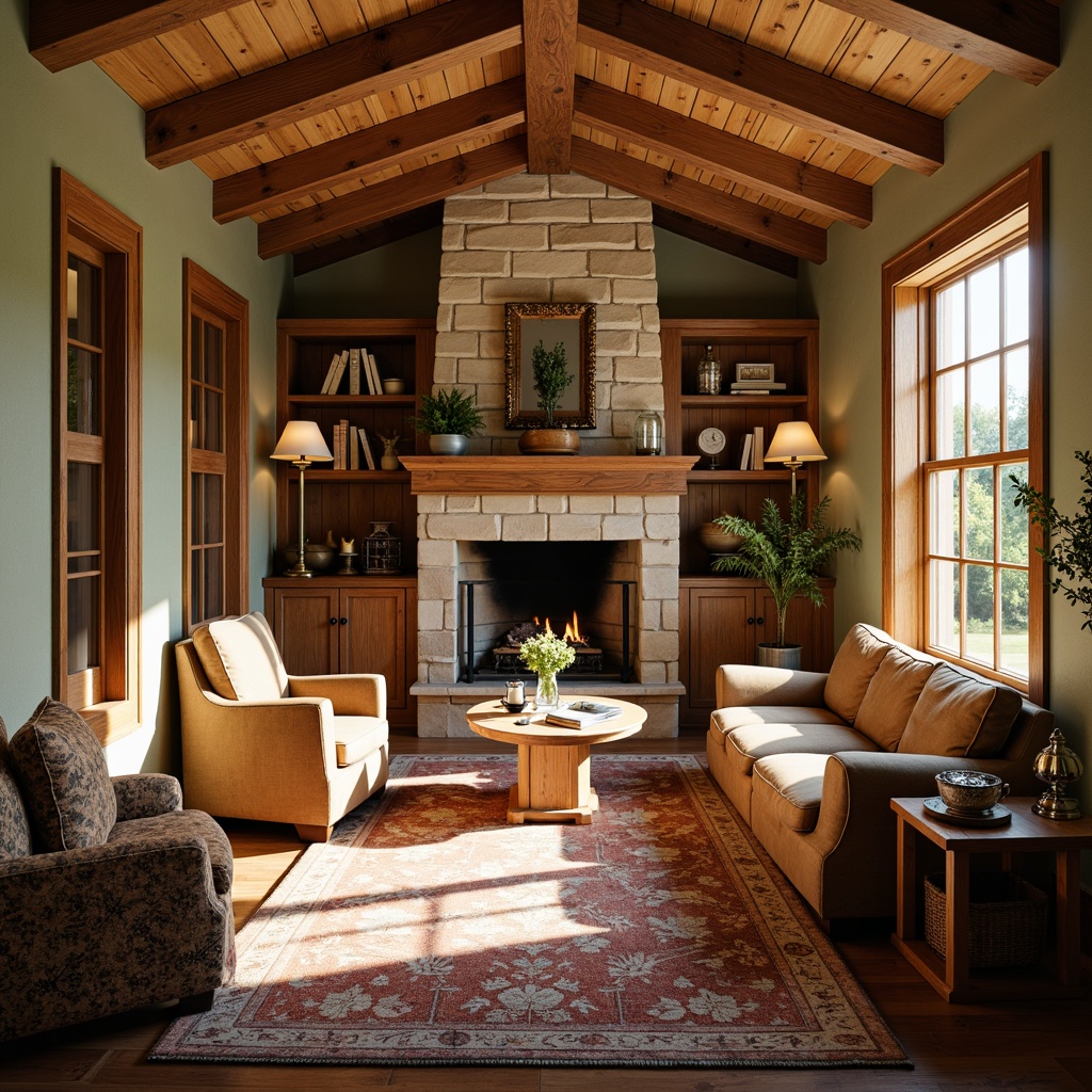 Prompt: Cozy Craftsman interior, warm earthy tones, rich wood accents, natural stone fireplaces, plush furnishings, soft velvety textiles, vintage decorative items, warm golden lighting, rustic wooden beams, comfortable reading nooks, built-in cabinetry, soft sage green walls, creamy white trim, distressed leather armchairs, woven wicker baskets, floral patterned rugs, sunny afternoon light, shallow depth of field, 1/2 composition, warm atmospheric perspective.